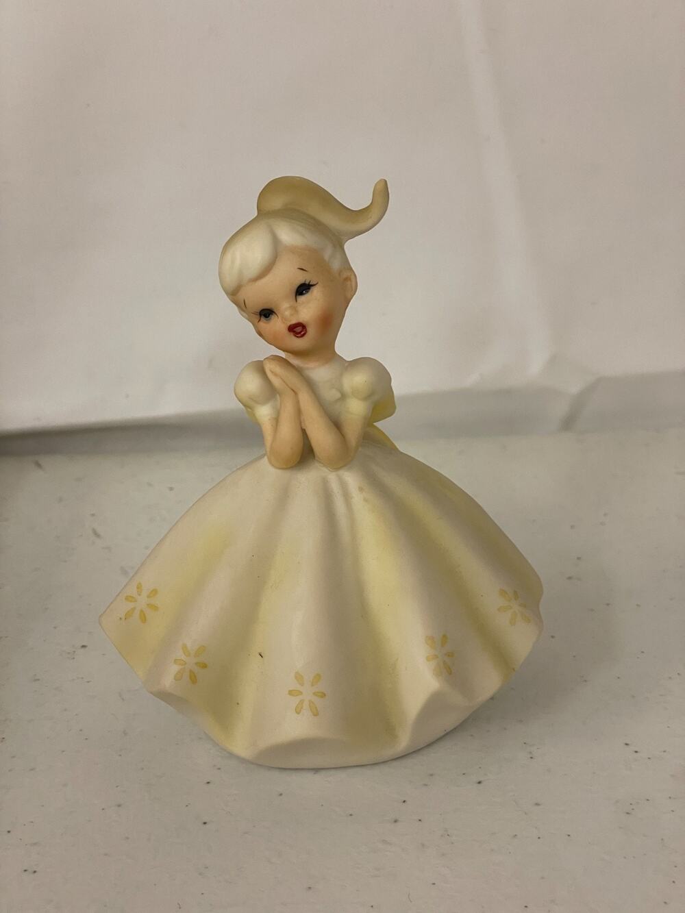 VTG Lefton Porcelain Blonde Blue Eye Girl Yellow Dress Figurine #737 Mid Century